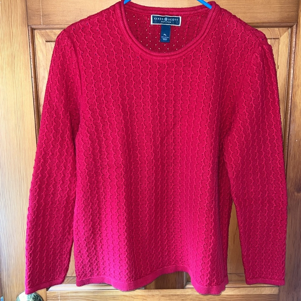 Karen Scott Petites Eyelet Cable Knit Sweater Red Cotton